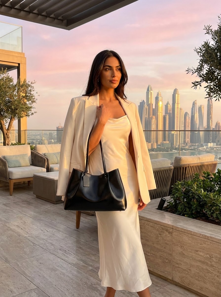 Model with the black Ruched Slouch Shoulder Bag on a rooftop at sunset