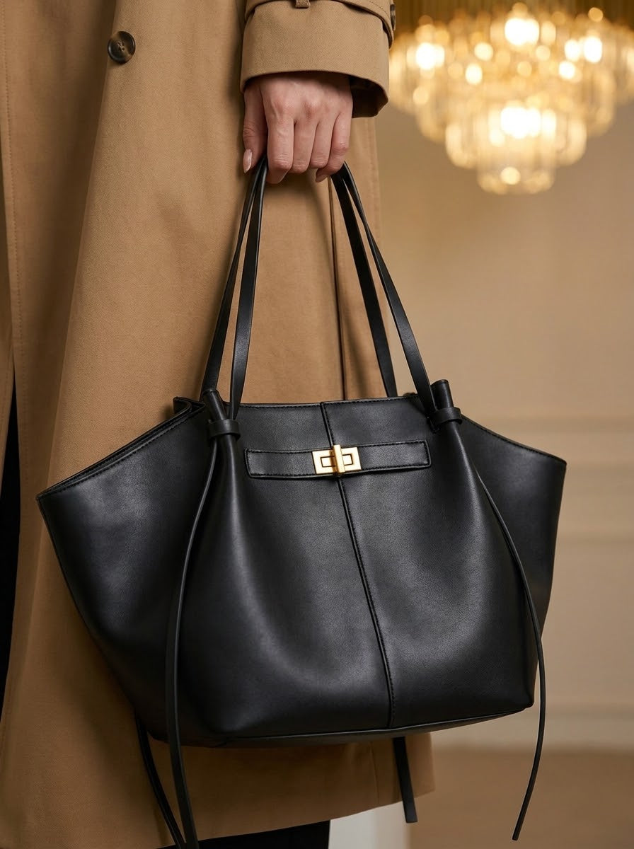 Close-up of the gold turn-lock on the trapeze bag
