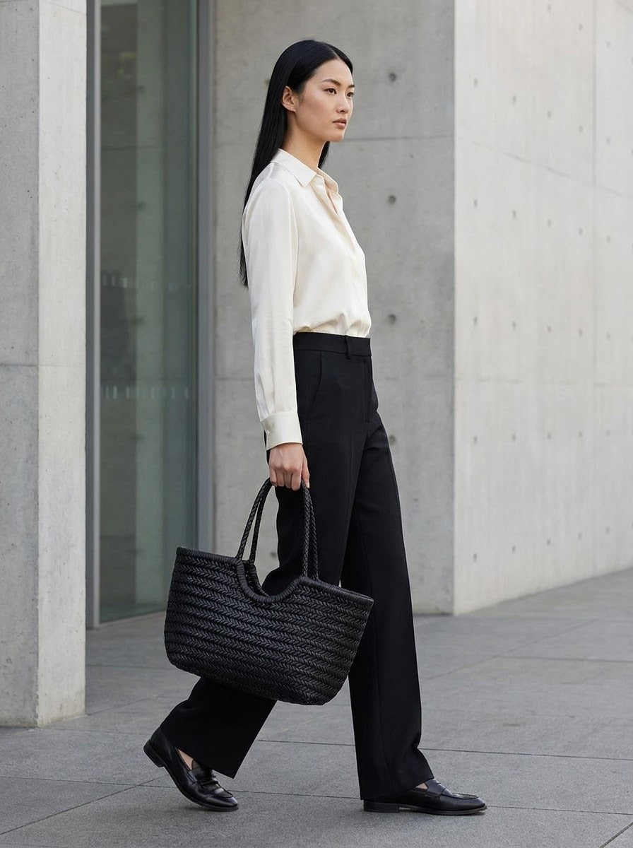 Model carrying the black Woven Leather Basket Tote