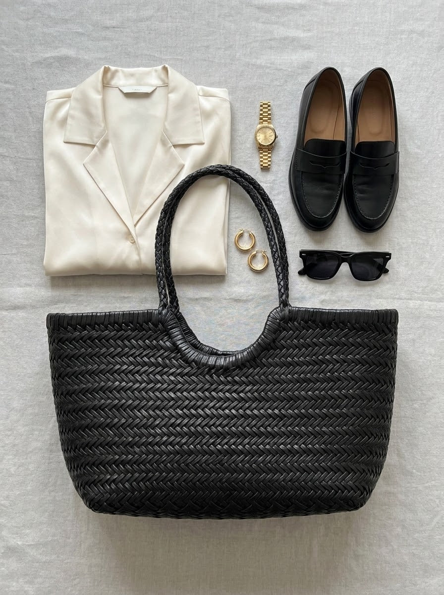 Woven Leather Basket Tote flat-lay