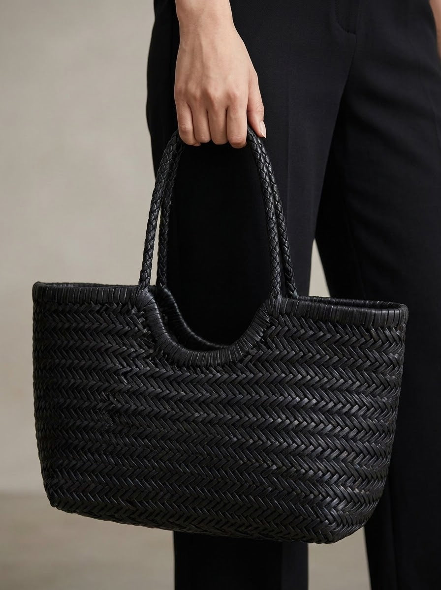Close-up of the braided handles of the basket tote