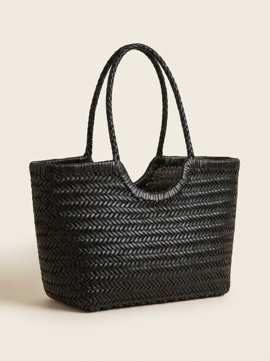 Black Woven Leather Basket Tote, studio