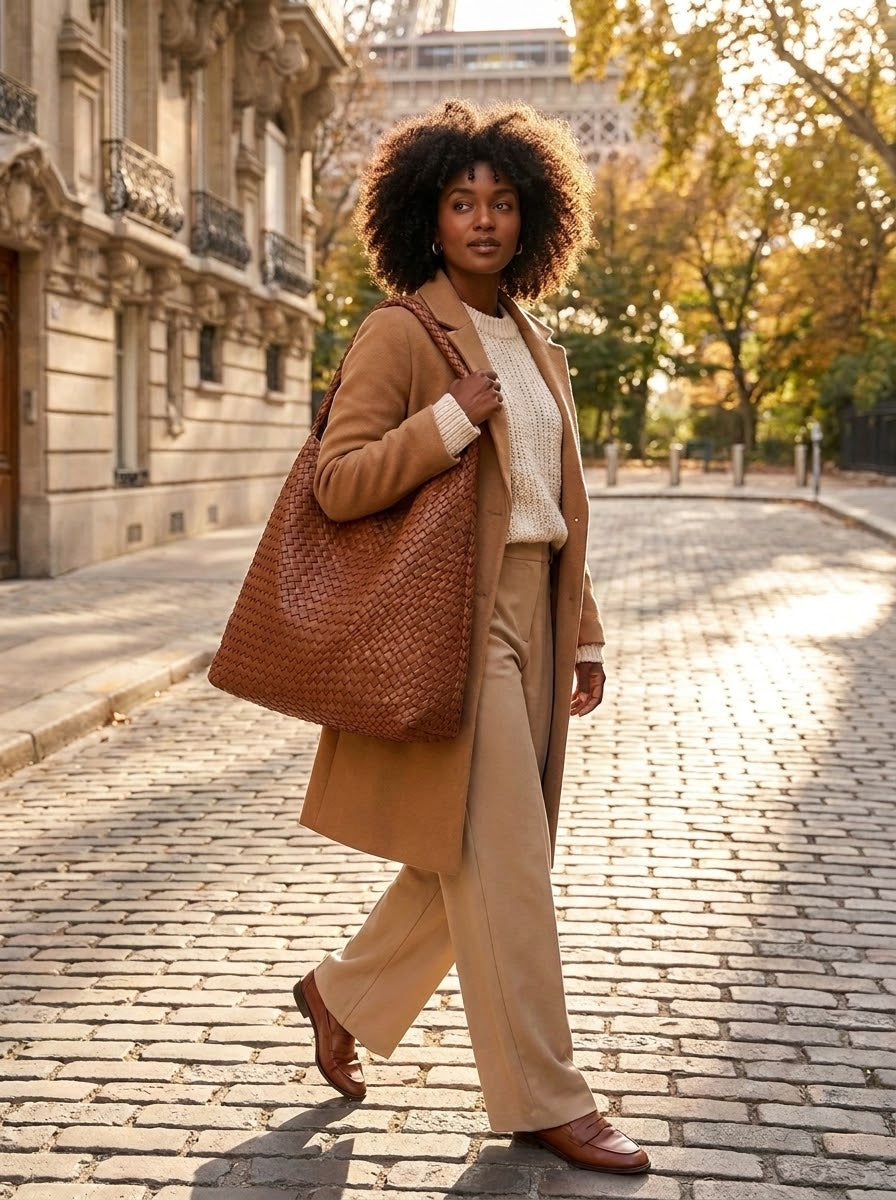 Model wearing the cognac Woven Hobo Tote on a city street