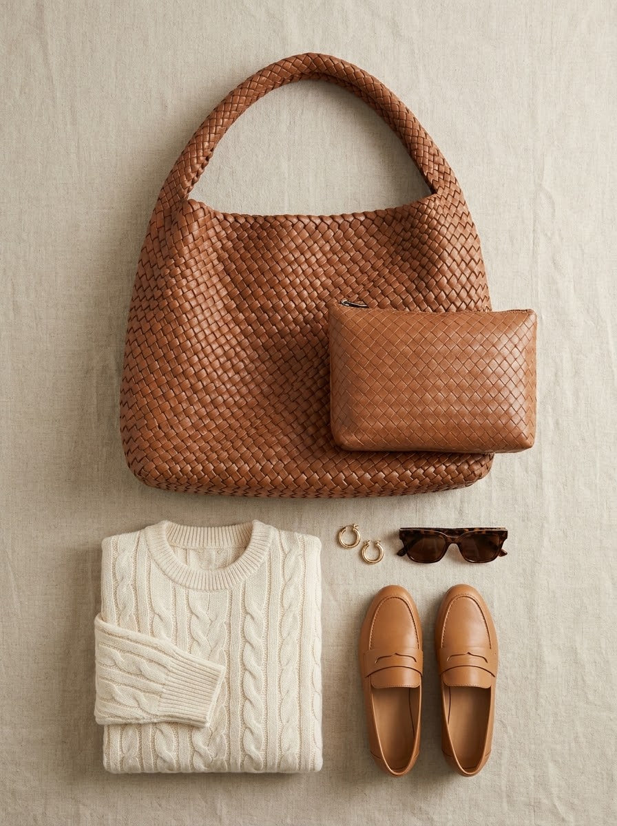 Woven Hobo Tote with matching pouch flat-lay