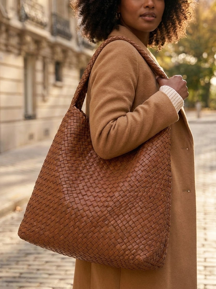 Close-up of the woven hobo tote on the shoulder