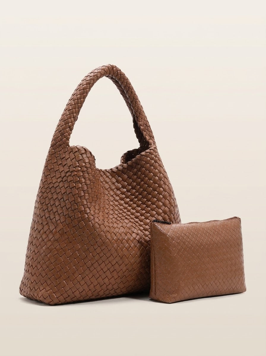 Cognac Woven Hobo Tote with pouch, studio