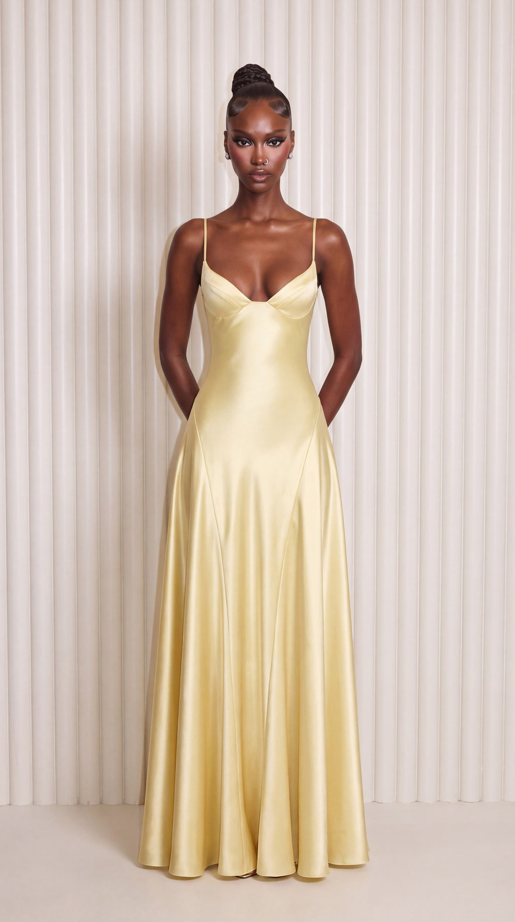 Butter yellow satin maxi dress, front