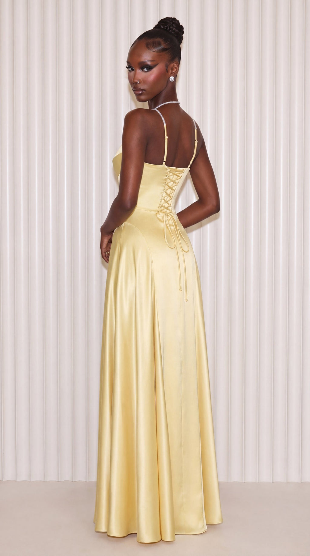 Butter yellow satin maxi dress, lace-up corset back