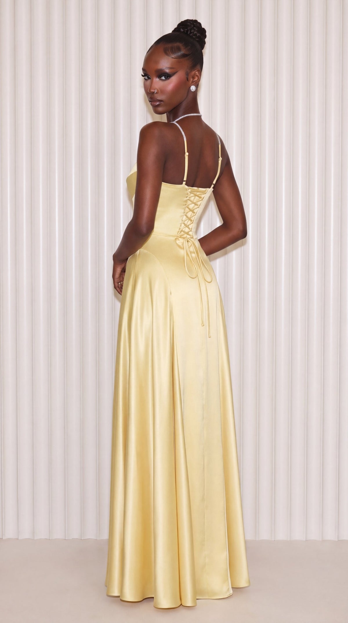 Butter yellow satin maxi dress, lace-up corset back