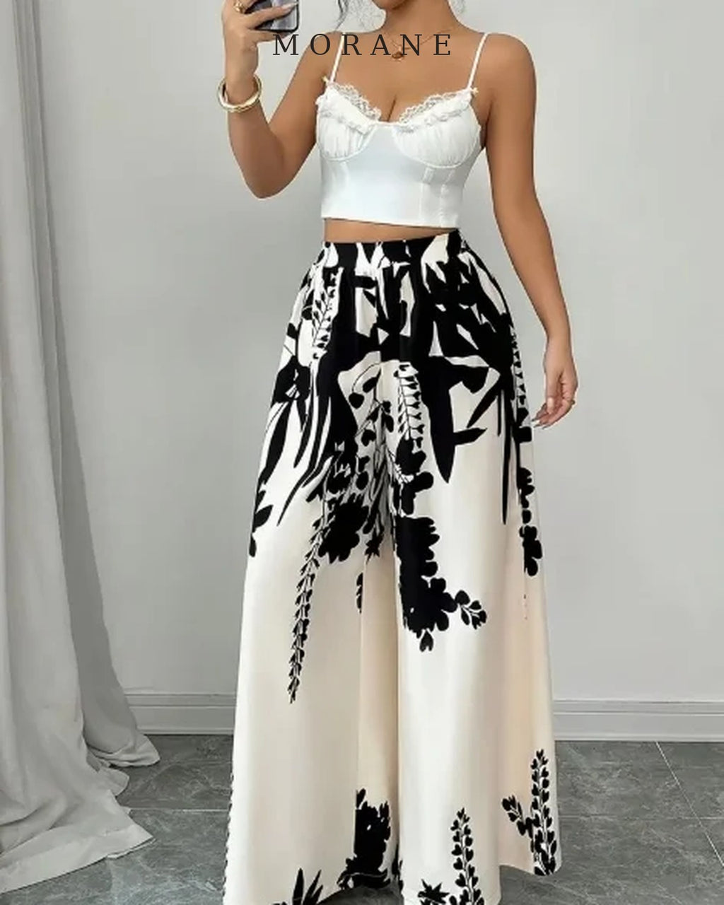 MORANE Ink Floral Satin Palazzo Pants