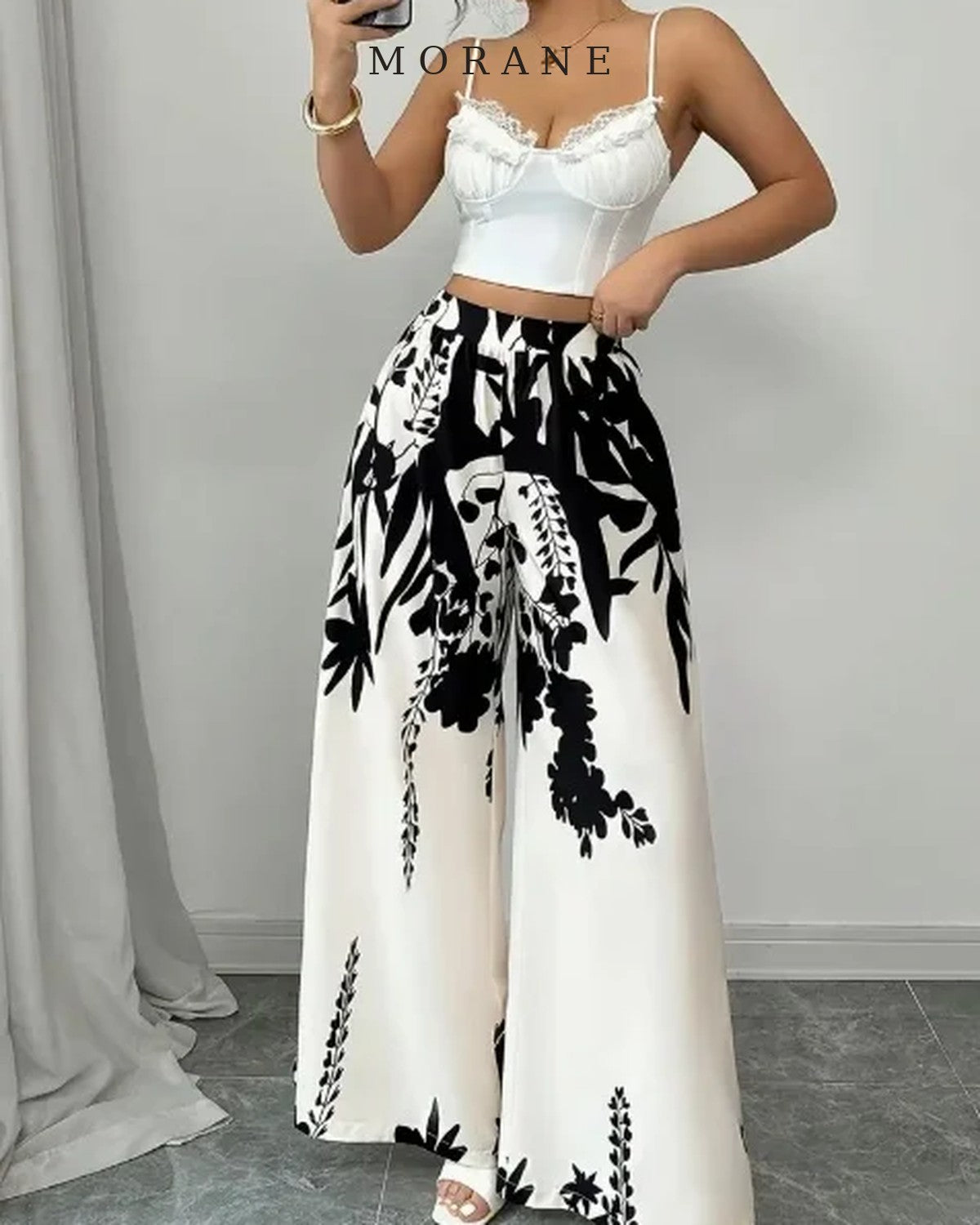 MORANE Ink Floral Satin Palazzo Pants