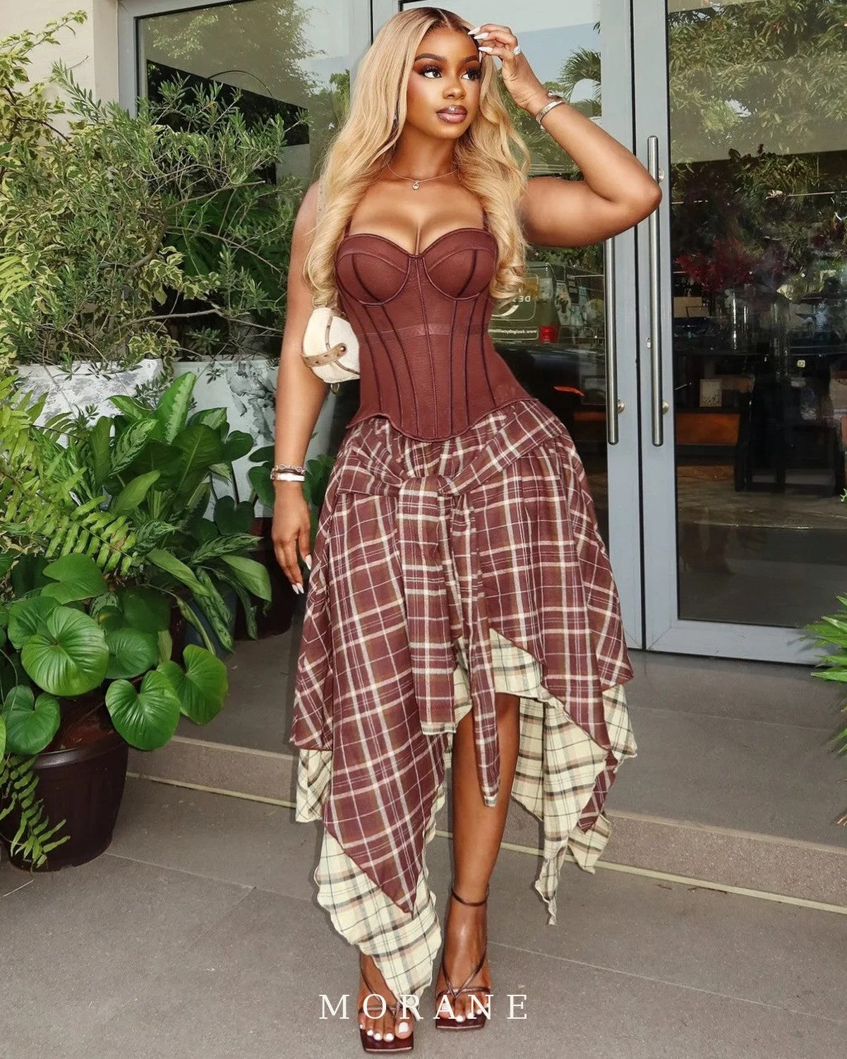 MORANE Corset Top & Plaid Skirt Set