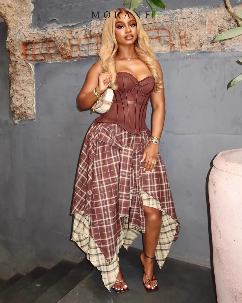 MORANE Corset Top & Plaid Skirt Set