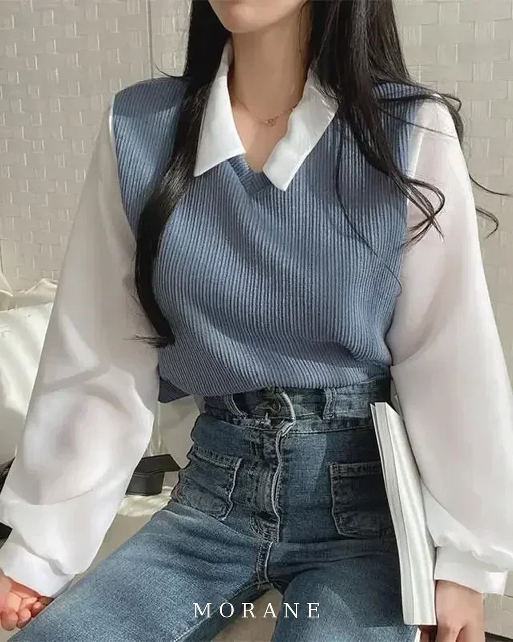MORANE Layered Collar Knit Vest Blouse
