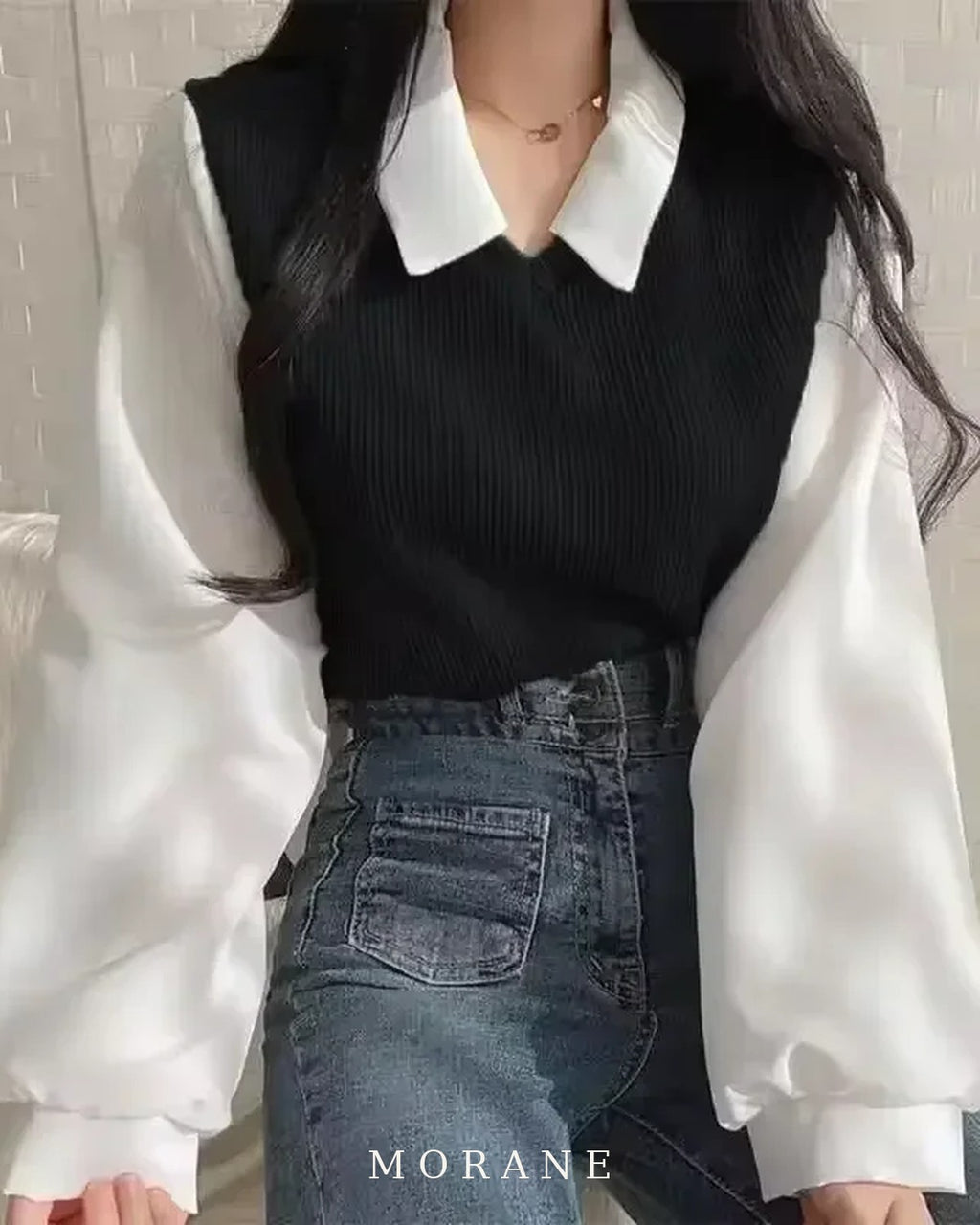 MORANE Layered Collar Knit Vest Blouse