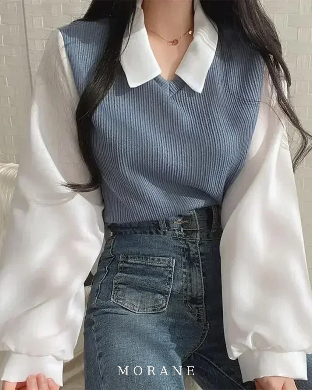 MORANE Layered Collar Knit Vest Blouse