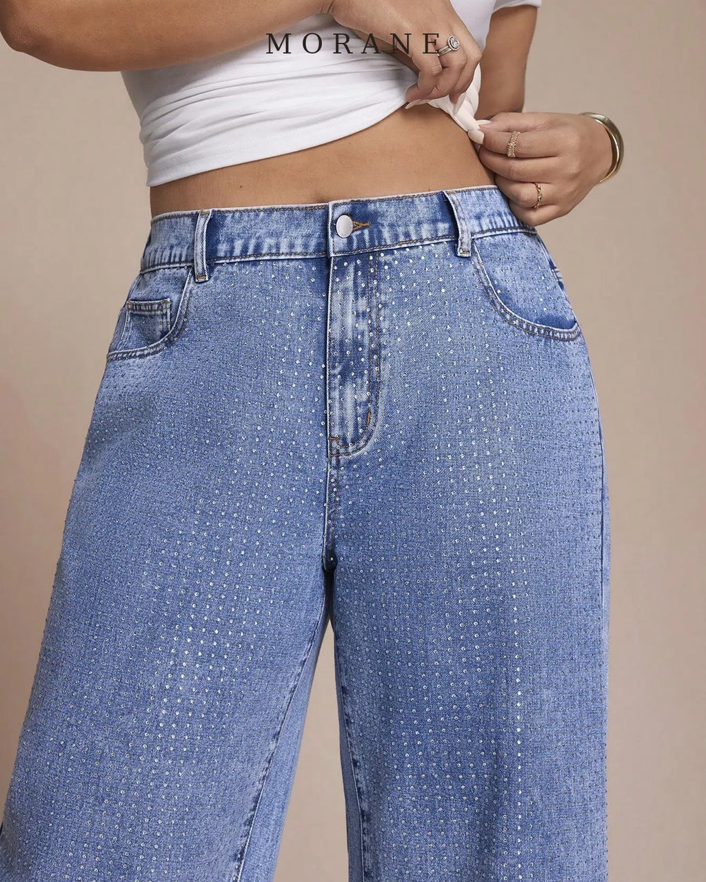 MORANE Crystal Embellished Wide Leg Jeans (Curve)