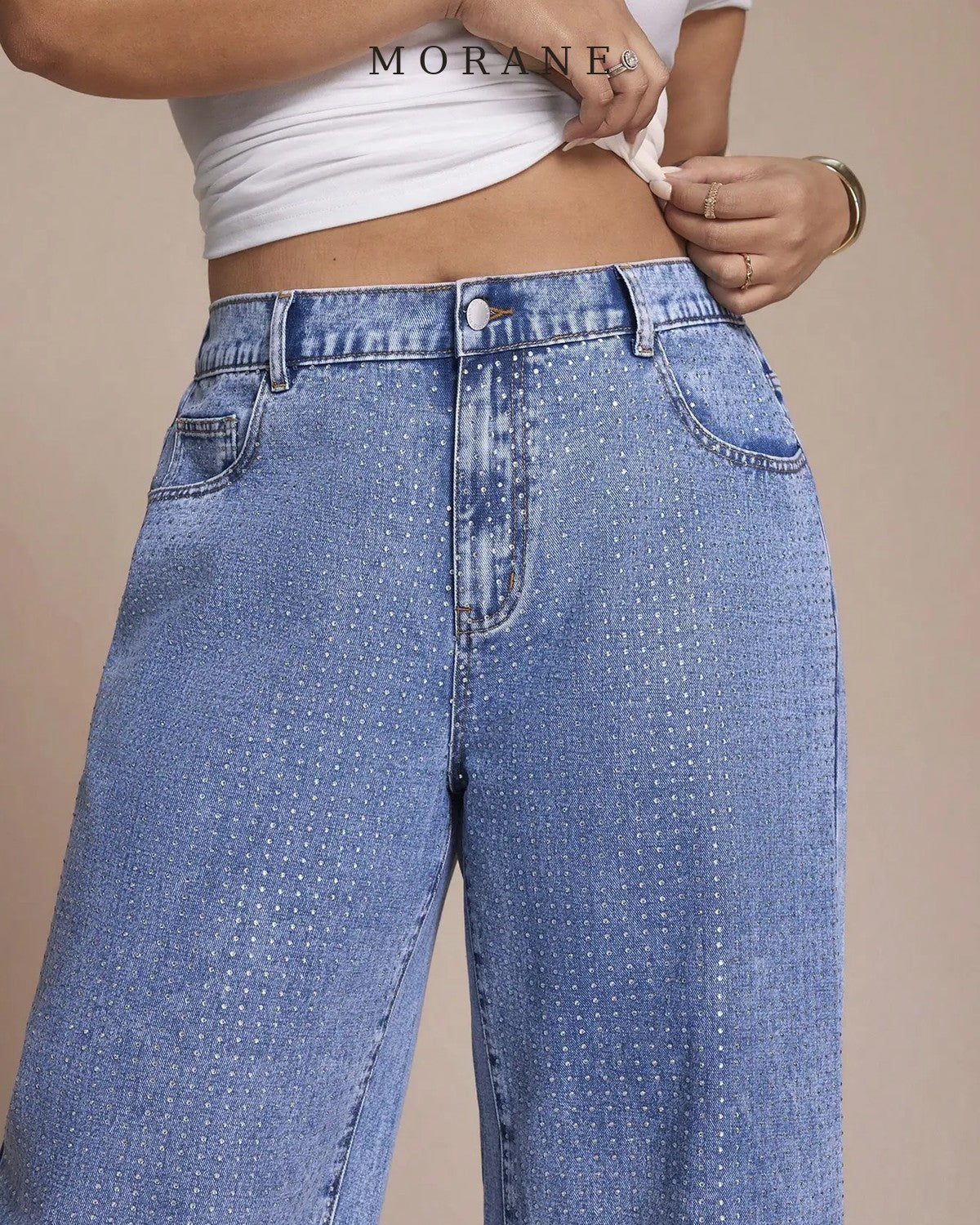 MORANE Crystal Embellished Wide Leg Jeans (Curve)