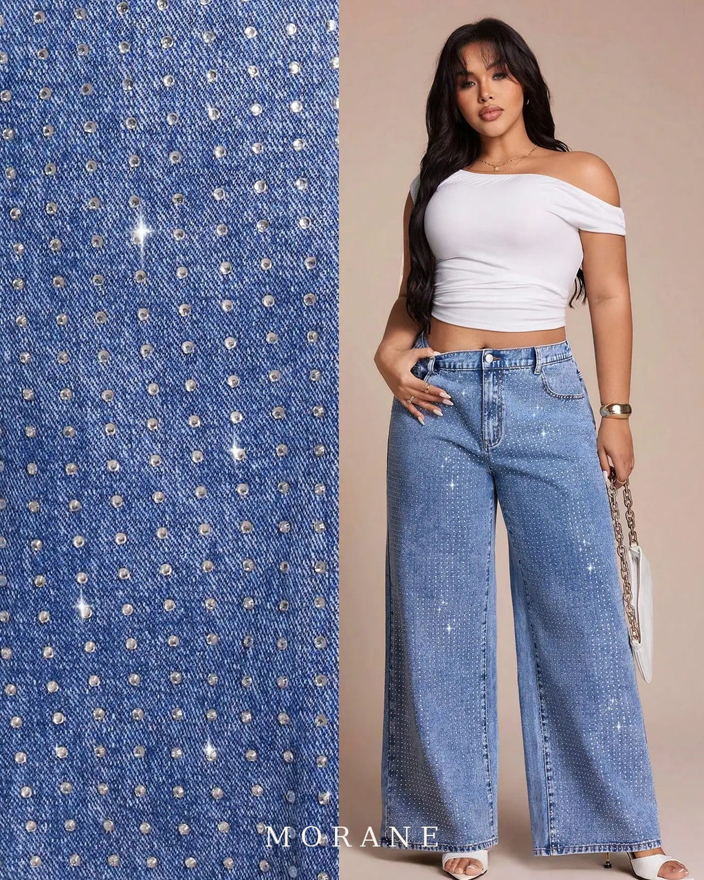 MORANE Crystal Embellished Wide Leg Jeans (Curve)