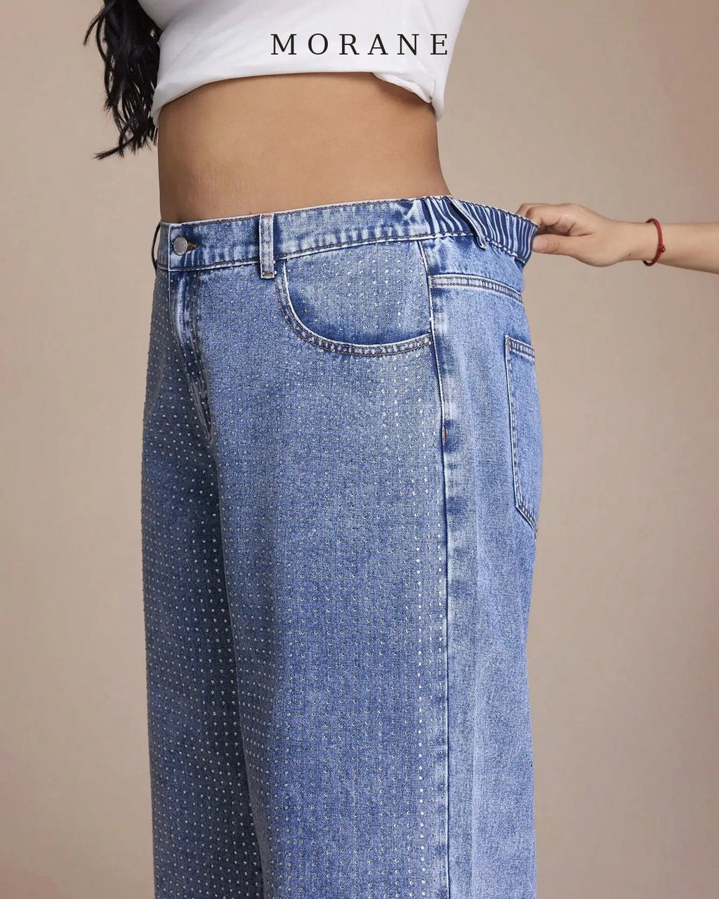 MORANE Crystal Embellished Wide Leg Jeans (Curve)