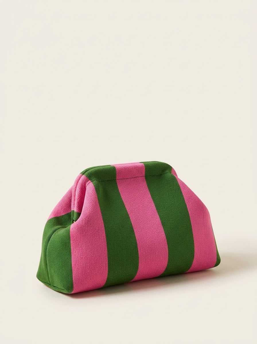 Striped Knit Frame Clutch in green and pink, studio